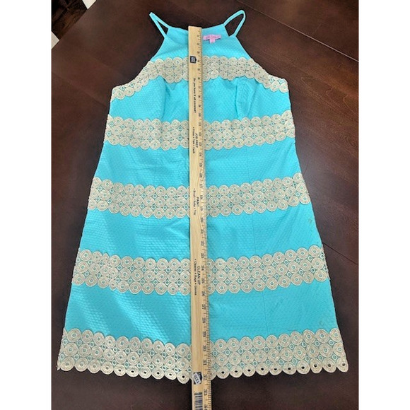 Lilly Pulitzer Annabelle Shift Dress Turquoise Gold Size 10 - Retail $288 - Picture 3 of 9